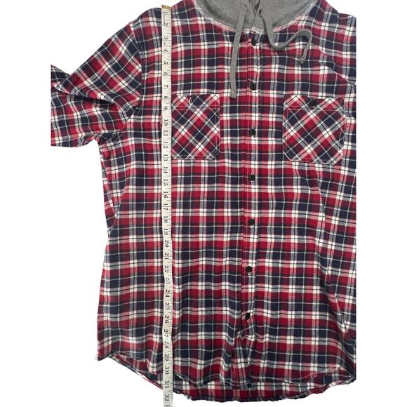 New UNIONBAY Men’s XL Flannel Shirt Hoodie Red Plaid Button Down Long Sleeve - Picture 11 of 12